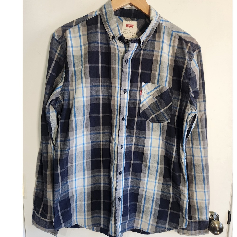 Levis Mens M blue gray plaid long sleeve‎ button down casual shirt